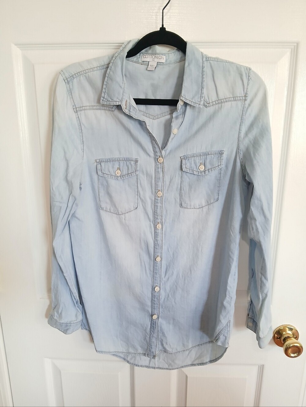 Cotton On Light Wash Chambray Denim Button Front Shirt Coastal Casual Basic